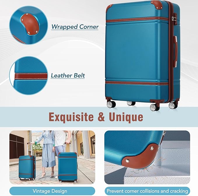 Merax 28 Inch Checked Luggage, Expandable Suitcase with Spinner Wheels, Hard Shell Vintage Luggage Set with TSA Lock(Blue)