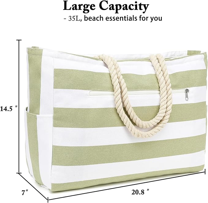 Large Canvas Beach Bag for Women, Beach Bags Waterproof Sandproof with Zipper & Wet Bag Cruise Essentials