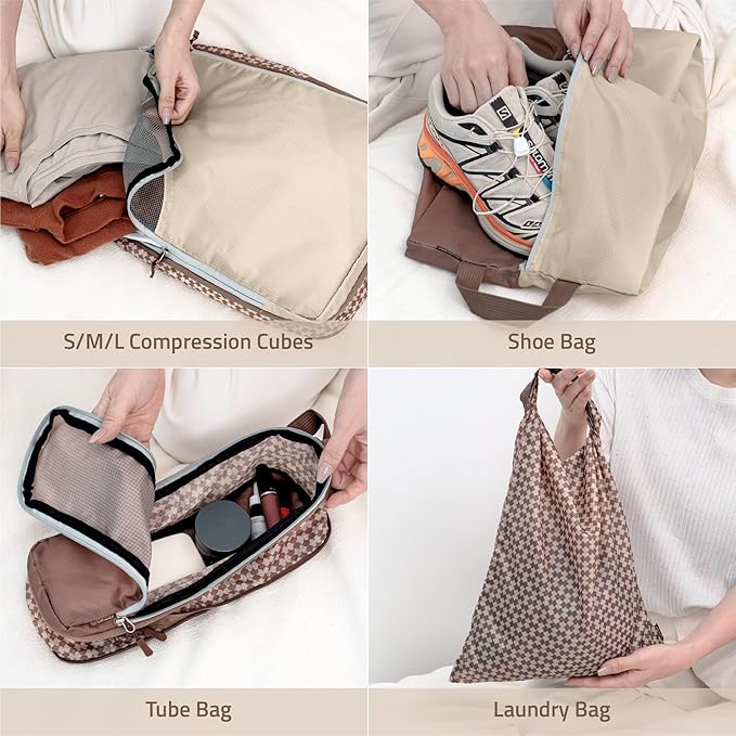 Oriday Set of 8 compression packing cubes for travel accessories- Expandable bags for clothing, toiletry, backpacks, organizing essentials (Beige)