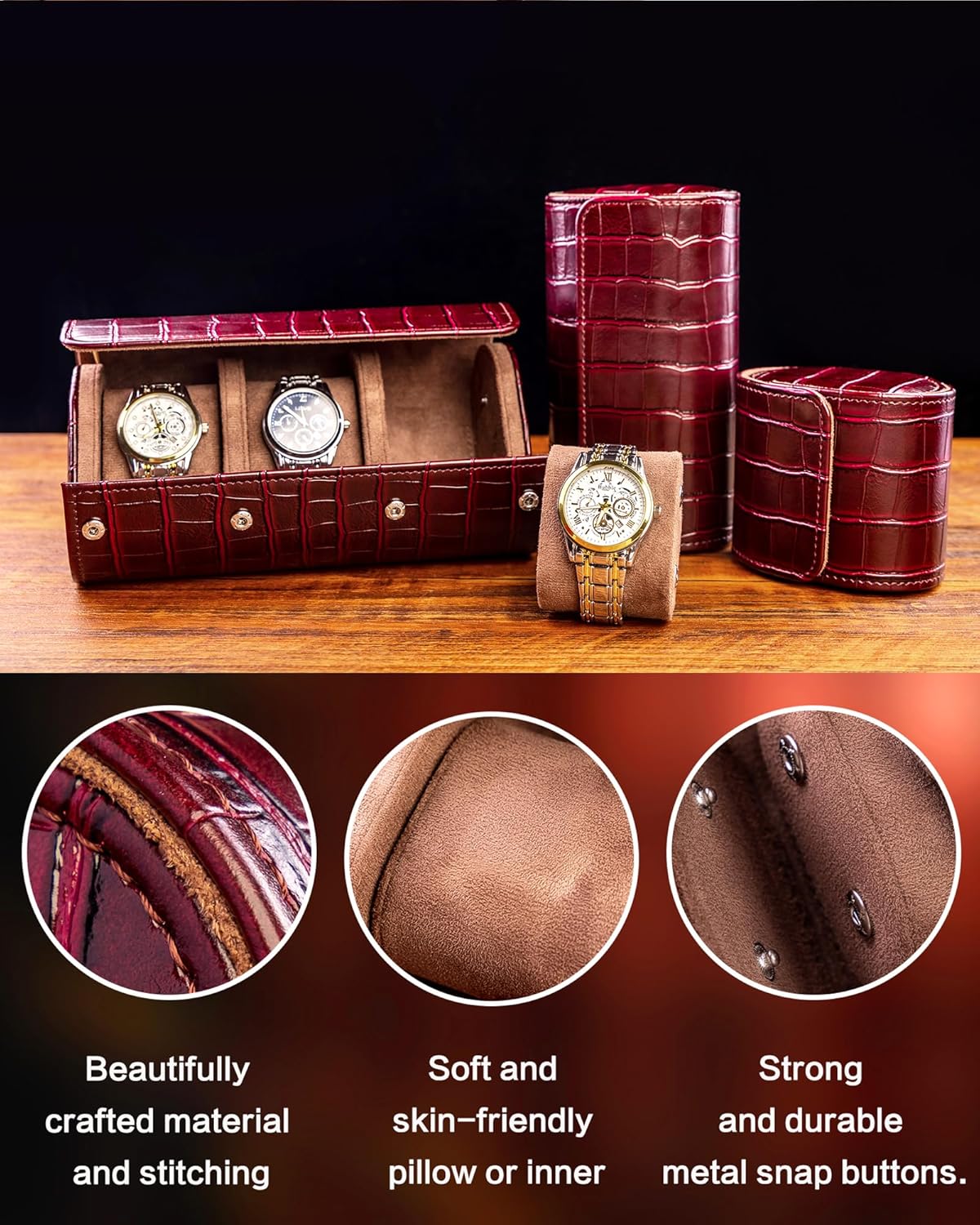 MR.OKAY 3 Watch Travel Case-Classic Leather Watch Case With Superb Texture. (Portable Watch Roll Or Organizer For Storage And Display).Festival Gift For Men, All Handcrafted By Artisans.