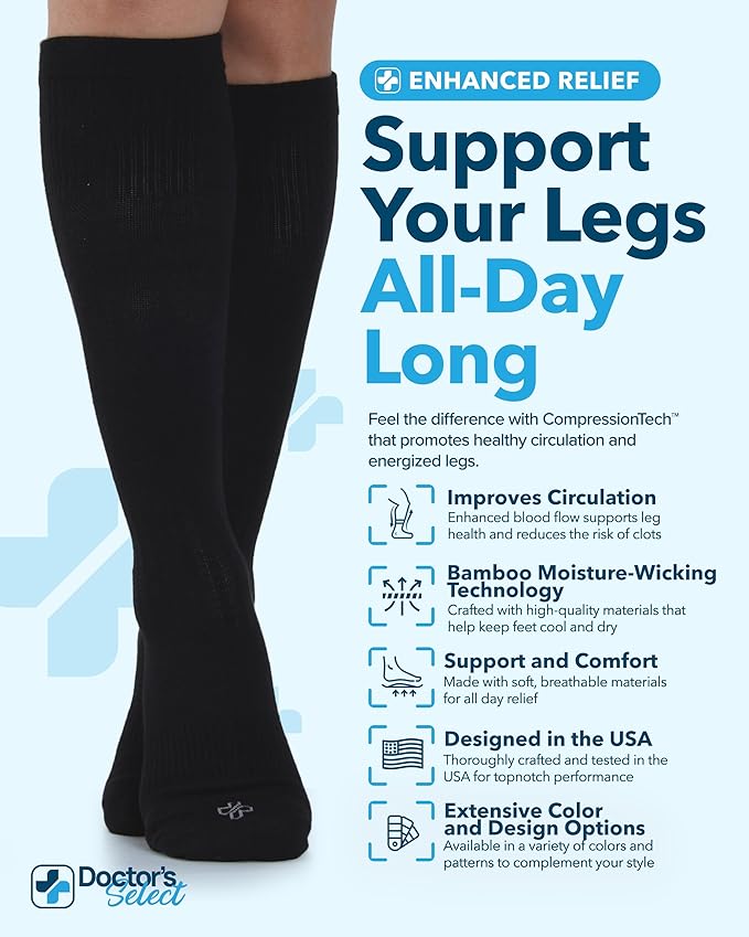 Doctor's Select Bamboo Viscose Light Compression Socks for Women & Men - 3 Pairs, 8-15 mmHg Compression Socks, Knee High