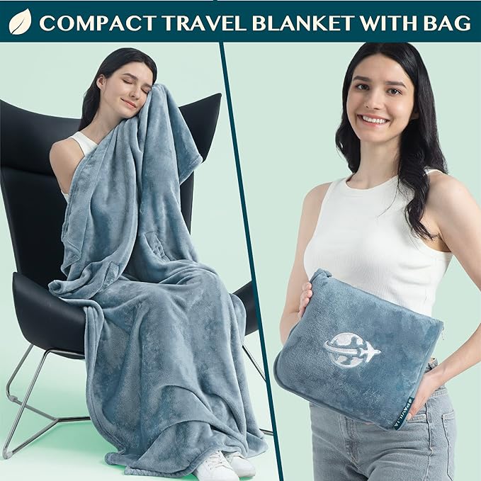 PAVILIA Travel Blanket and Pillow, Arms Opening Airplane Blankets for Adults, Compact Plane Blanket with Arm Hole 2-in-1 Bag for Flight Car Camping Fit in Luggage Backpack Traveler Gift, Blue