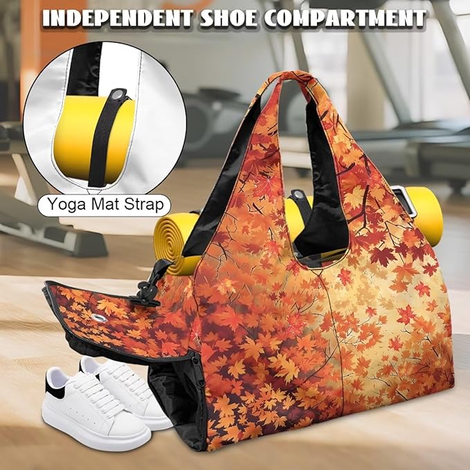 Fall Maple Leaf Gym Bag for Women Yoga Mat Holder Lightweight Sports Duffle Bag with Shoes Compartment Large Tote Bags with for Yoga Travel Hospital Weekender Gifts for Thanksgiving