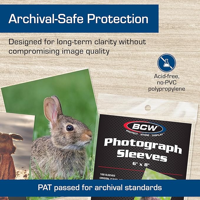 BCW 6x8 Photo Sleeves - 100 Pack | Archival Photo Sleeves for Art, Postcards & Photos | Acid-Free, No PVC | Archival Quality for Storage & Display