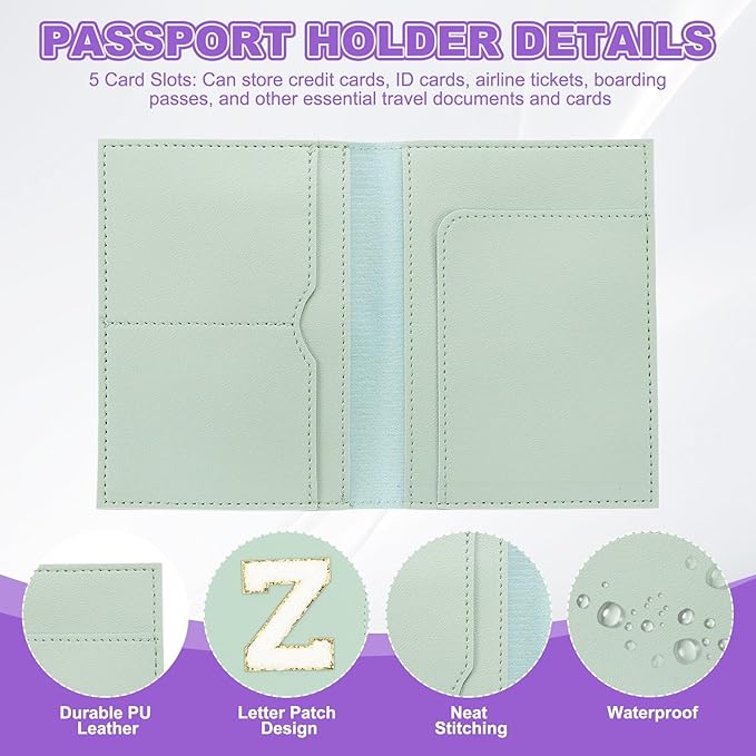 PATIKIL Passport Holder for Travel, Initial Passport Cover and Luggage Tag Set with Alphabet Chenille Letter Patch Travel Wallet Bag Suitcase Identifier for Women Family Travel Green Z