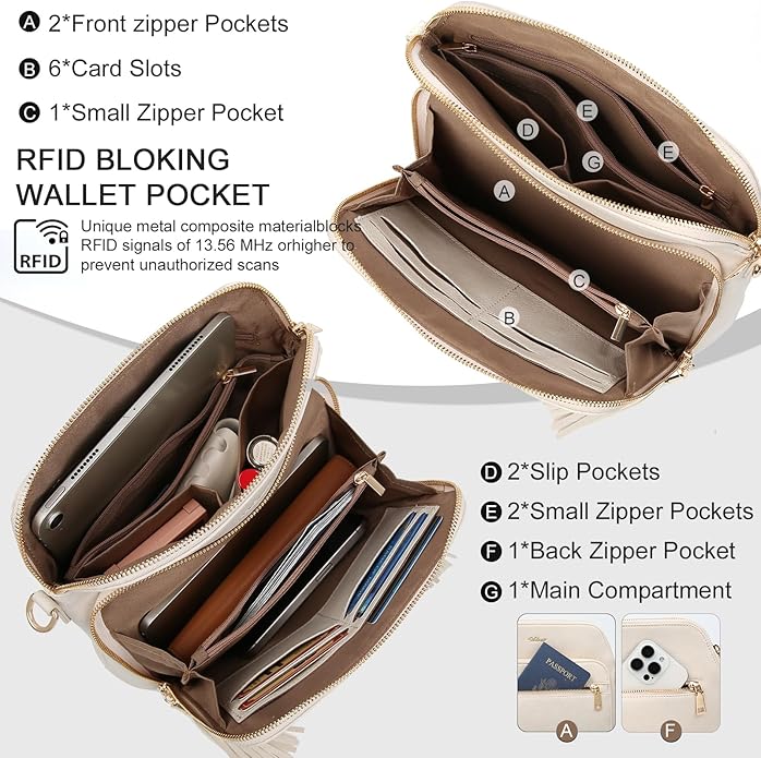 Women's Leather Crossbody Bags Anti Theft Purses RFID Blocking Handbags Trendy Travel Adjustable Strap Tassel