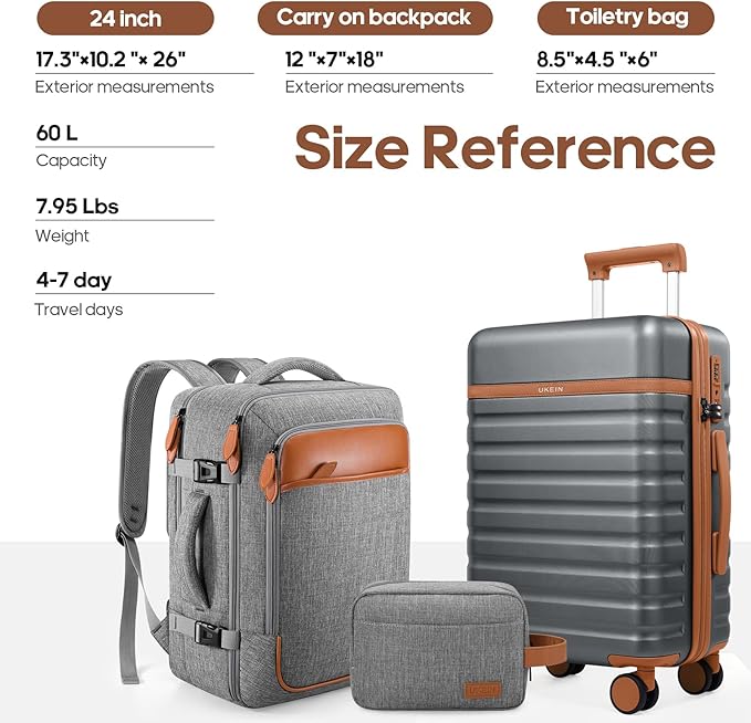 UKEIN Luggage Sets 3 Piece, PC Hardside Large Luggage 24 Inch With Spinner Wheels with TSA Lock, Carry On Suitcase Set With Travel Backpack (Grey, 3 piece set (24inch))