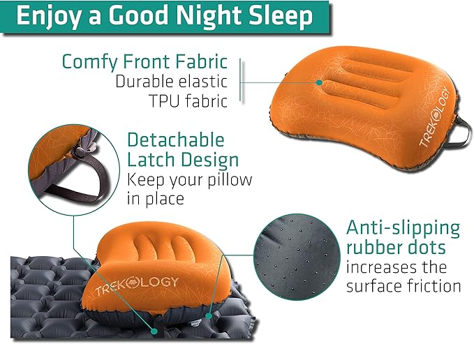 TREKOLOGY Ultralight Inflatable Camping Travel Pillow - ALUFT 2.0 Compressible, Compact, Comfortable, Ergonomic Inflating Pillows for Neck & Lumbar Support While Camp, Hiking, Backpacking
