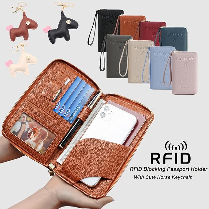 Multi-Functional Passport Holder Cover with Purse Charms,Premium Travel Wallet RFID Blocking Passport Cover Card Case for Holds Phones, Passports, Cash, Cards & Boarding Passes-Beige
