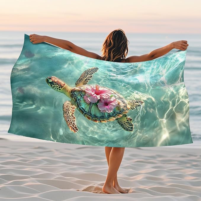 Artistic Turtle Beach Towel Aqua Green Ocean Style Quick Dry Sand Free Lightweight Bath Towel, Absorbent Resort Essentials for Vacation Pool Camping Outdoor Travel 62x31 Inch