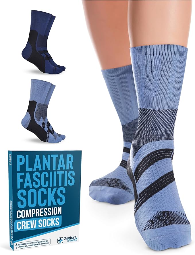 Doctor's Select Plantar Fasciitis Socks - 2 Pairs | Compression Crew Socks for Plantar Fasciitis Relief | Arch Support Socks