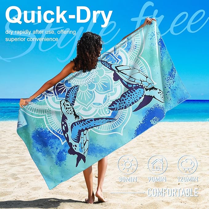 2 Packs Lightweight Thin Microfiber Beach Towel Oversized Quick Dry Compact Sandproof Clearance Towels Sand Free Camping Swimming Easy Pack Travel Essentials Women AdultsSea Turtles Blue Dark Blue