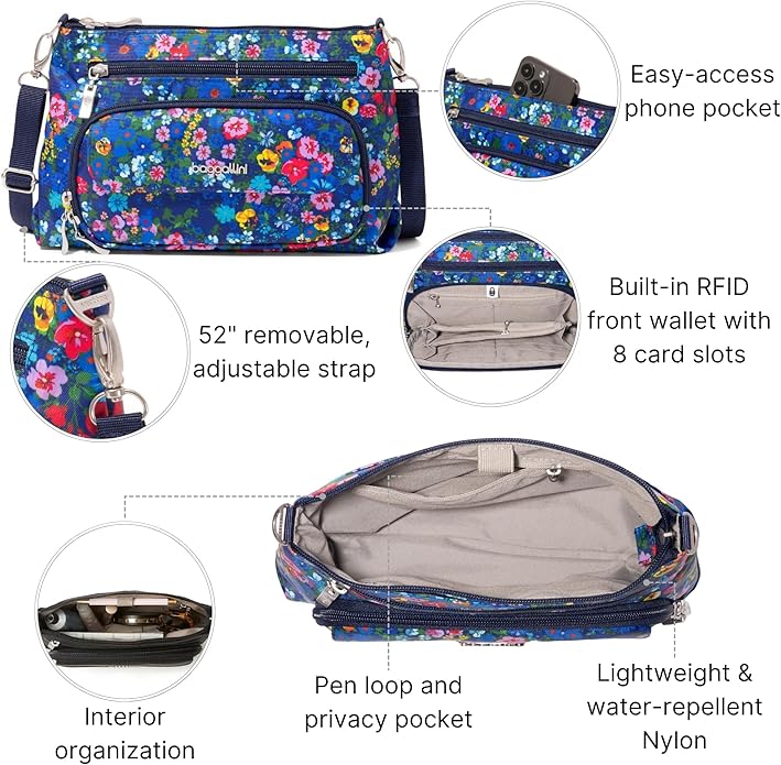 Baggallini Original Everyday 11x7.5 Crossbody Bags Rfid Protected Lightweight Nylon Zippered Travel Purse
