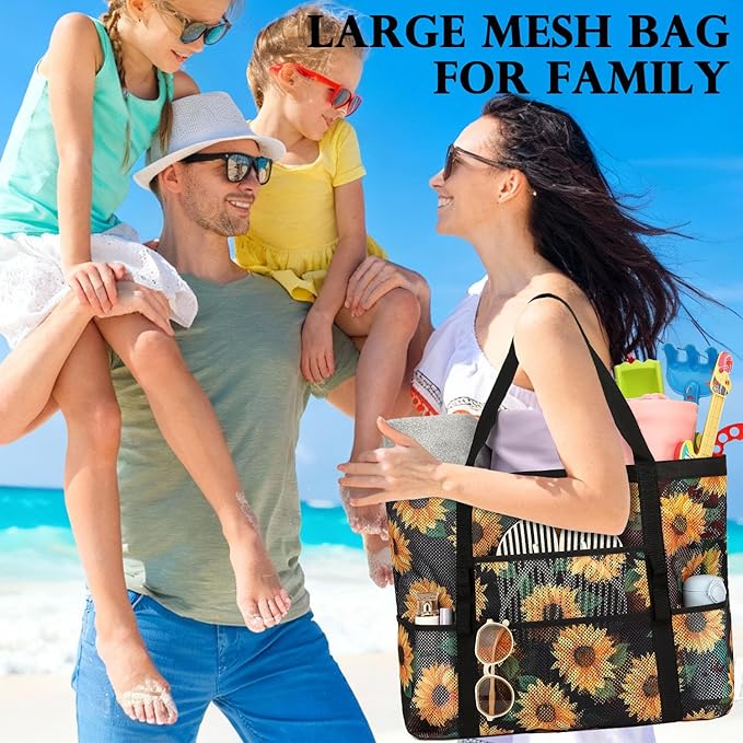 Mesh Beach Bag, Large Beach Tote with Zipper Pocket, Toys Pool Bag for Family Travel Vacation Cruise Essentials