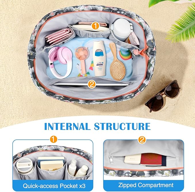 HUANLANG Large Beach Bags for Women Pool Bag with Zipper, Waterproof Sandproof Beach Tote Travel Bag with Wet Pocket | Waterproof, Large capacity, Dry/wet separation, Cooling function, Durable fabric, sandproof