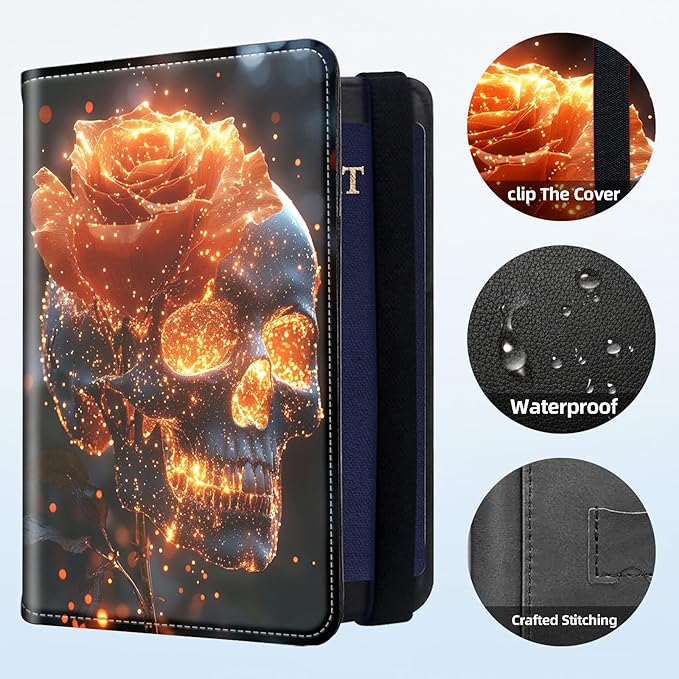 Passport Holder for Travel, RFID Blocking Passport Holder Travel Walle, Passport and Vaccine Card Holder, Vacation Must Haves Travel Accessories for Men Women, Flame Rose Skull
