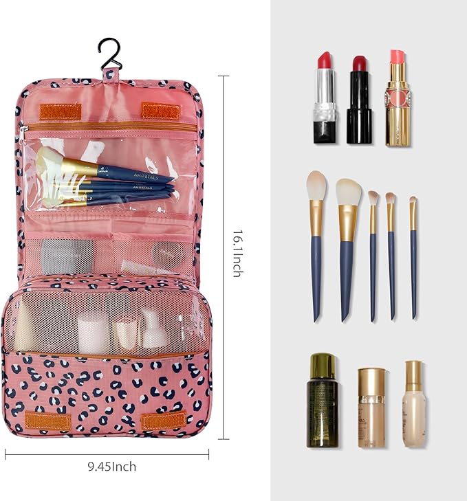 Large Capacity Toiletry Bag Travel Bag with Hanging Hook for Men and Women Waterproof Travel Cosmetic Bag Bathroom Storage Bag for Brushes Set,Full-Sized Shampoo,Accessories-Pink Leopard