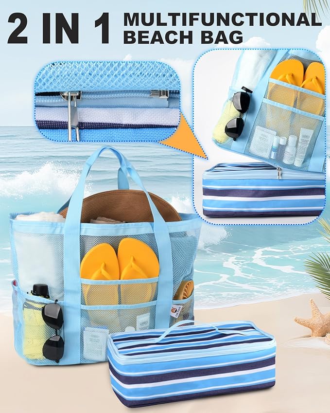 Beach Bag with Cooler, Mesh Beach Bag for Women Cruise Pool, Packable Waterproof Sandproof Travel Tote Bag with 8 Pockets