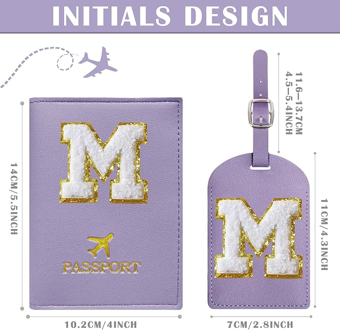 COSHAYSOO Purple Initial Passport Cover Holder and Luggage Tag Set TSA Approved with Alphabet Chenille Letter Patch for Women Teenager Girls, PU Leather Traveling Bag Suitcase Identifier (M)