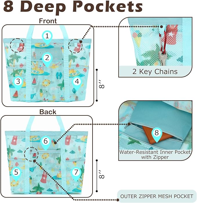 Mesh Beach Bag with Zipper, Large Beach Tote for Women, Toys Pool Swim Bag Travel Vacation Cruise Essentials