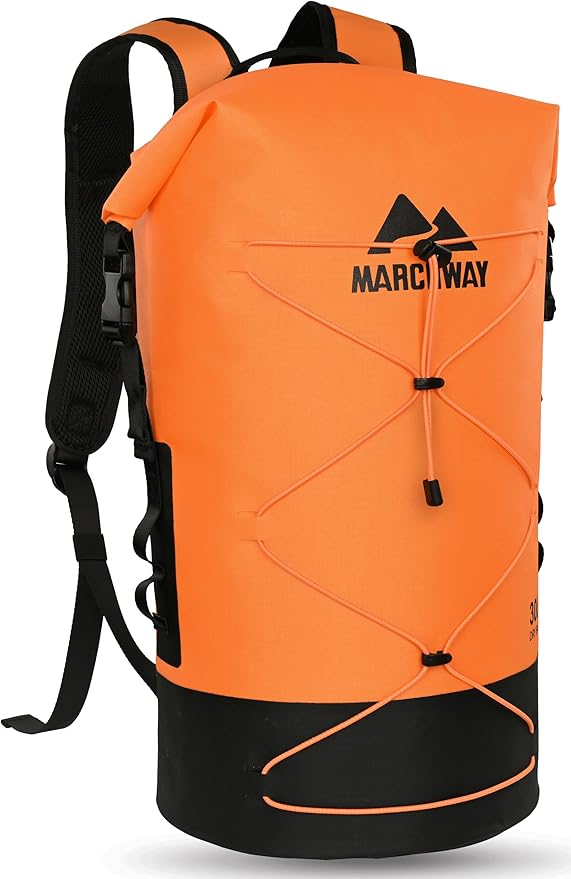 MARCHWAY Floating Roll Top Dry Bag, Flexible Lightweight TPU Waterproof Backpack 20L/30L/40L with Padded Straps for Boating, Kayaking, Swimming, Hiking, Beach (Orange, 20L)