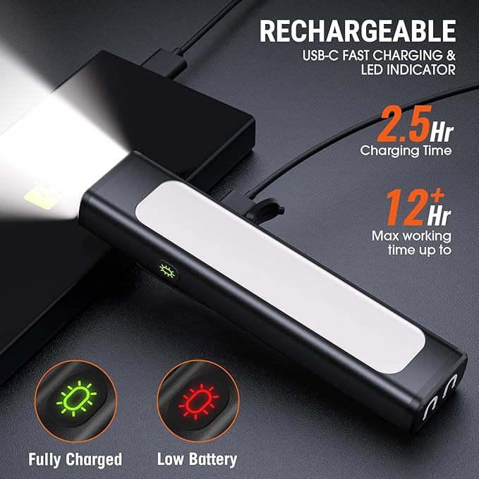Pocket Flashlight, 1200 Lumens Rechargeable EDC Flashlight with Clip, USB-C Port, 3 Modes Waterproof Warning Light for Working, Camping, Repairing, Emergencies(Black, 1PCS)