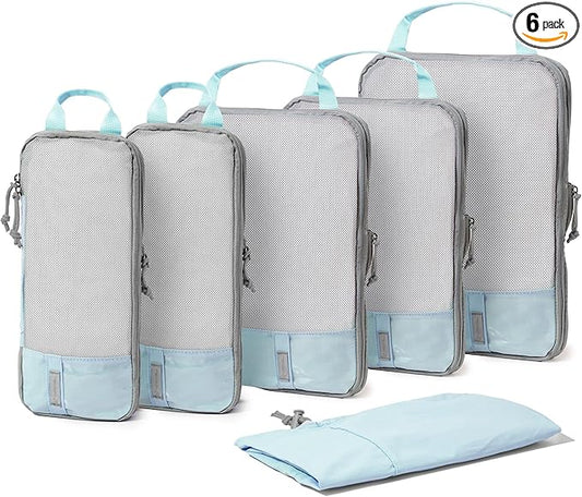 (Not Made In China) Compression Packing Cubes For Travel, Suitcase and Luggage Space Saver Organizer Bags, Lightweight, Waterproof, Durable, 6pc Set, Blue