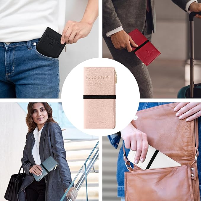 Travel Passport Wallet, RFID Blocking Passport Holder with Zipper, Passport Cover for Women Men, PU Leather Travel Document Organizer with Card Slots, Gift for Family Friends, Pink
