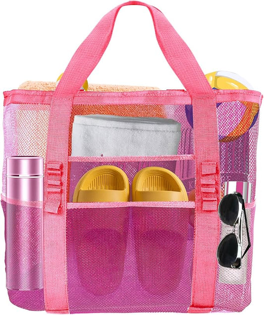 Large Mesh Beach Bag - Lightweight & Foldable Family Beach Bag with 9 Pockets for Toys, Towels & Vacation Essentials