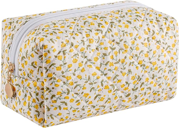 Makeup Bag Travel Cosmetic Bag for Women Girls, Zipper Make Up Pouch, Floral Flowers Toiletry Organizer Makeup, Portable Storage Cosmetic Travel Cloth Bag (Yellow Floral)
