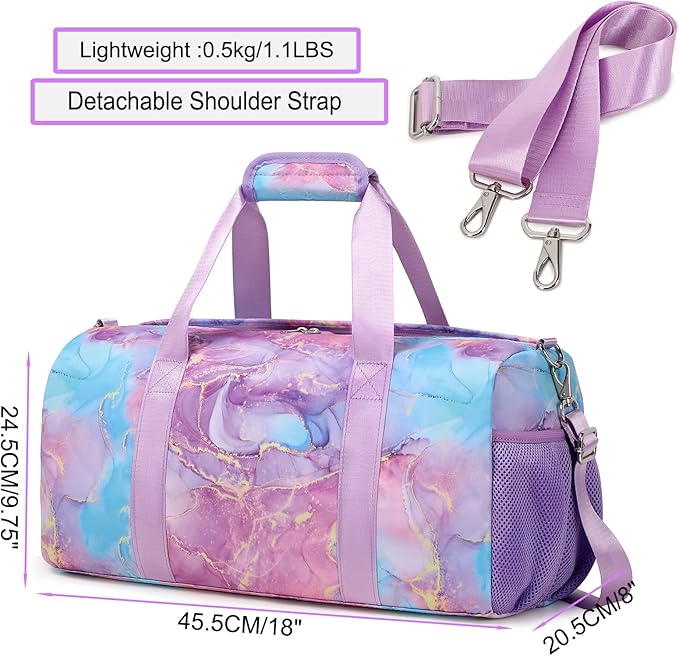 Gym Sports Duffle Bag Dance Ballet Bags with Separate Dry Wet Pocket and Shoes Compartment Weekender Overnight Travel Foldable Bag for Girls Teen Women(Purple)