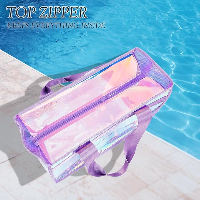 Fammart Iridescent Clear Beach Bags Waterproof Sandproof for Women, Large Jelly Tote Zipper Pool Bag Cruise Essentials 2026