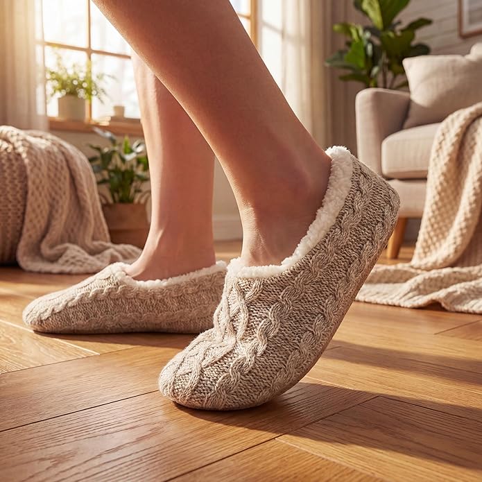 Cozylook 2-Pair Women's Soft Sole Slipper Socks with Grippers, Thick Warm Cozy Sherpa Lined Home Socks Set, Cable Knitted Non-slip Fluffy Winter House Bedroom Slippers