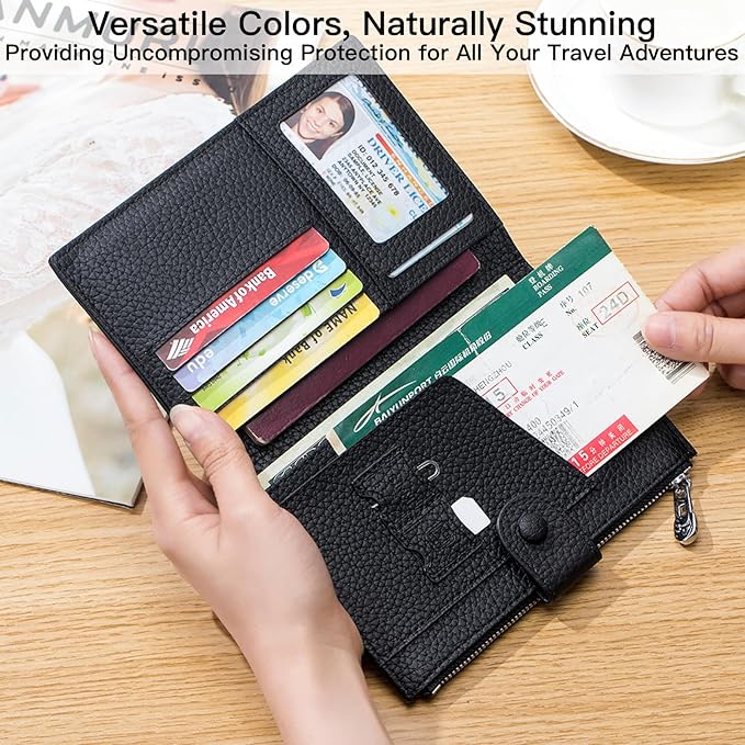 Genuine Leather RFID Blocking Passport Holder Wallet, Multi-Functional Travel Document Organizer with SIM Card Slots (Black)
