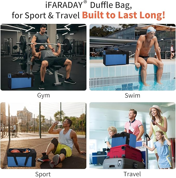 iFARADAY 40L Gym Bag for Men - 20 inch Sport Duffle Bag with Side Pocket, Two-Tone Design for Basketball, Football, Workout - Blue