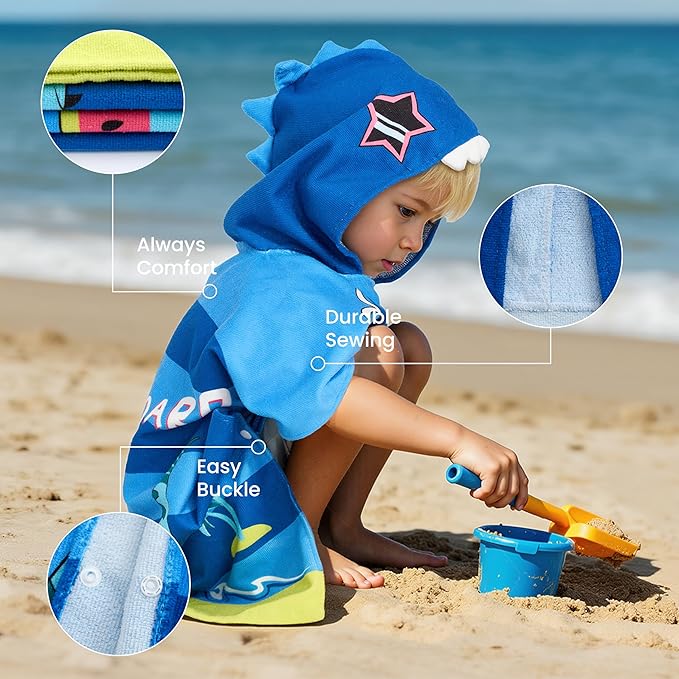 Joiedomi Kids Beach Towels with Hood for Boys Blue Dinosaur Hooded Toddler Bath Towel Quick Dry Soft Microfiber 30"x30"