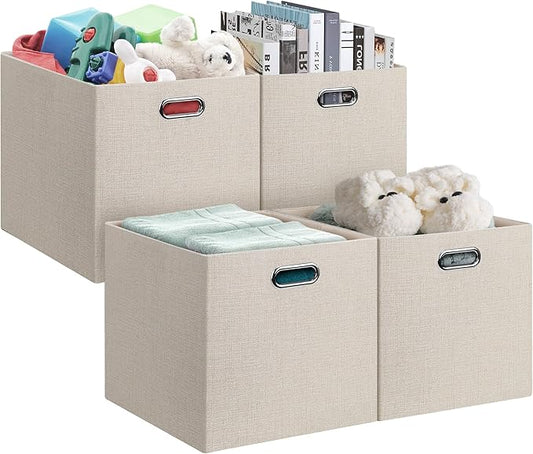 Posprica 13x15x13in Collapsible Storage Bins, Fabric Foldable Cube Storage Boxes, Decorative Storage Baskets Organizer for IKEA Kallax, Shelves, Closet, Clothes, Toy, Set of 4-Beige