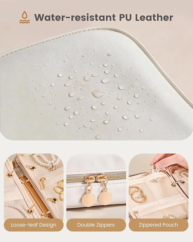 Lolalet Travel Jewelry Organizer Case, Large Jewelry Binder Book with Individual Pouches, Portable Leather Zippered Bag for Jewelry Storage of Earring, Ring & Necklace for Girls, Women -Beige