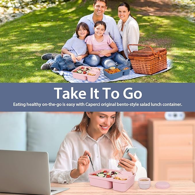 Caperci 2 Pack Salad Container for Lunch - 62 oz Large Bento Lunch Box for Adults, 2-Compartment Meal Prep Container with Removable Toppings Tray, Sauce Cup, Reusable Fork, BPA-Free (Navy & Pink)
