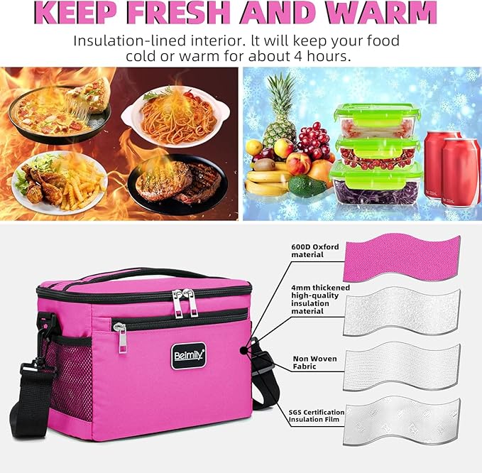 Generic BEIMILY Lunch Bag for Women/Men,Reusable Lunch Box Small Cooler Bag Soft Sided,Leakproof Cooler Bag for Office Work Picnic Beach with Adjustable Shoulder Strap (dark pink), 2311A