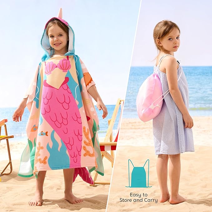 Joiedomi Kids Beach Towels with Hood for 3-10 Years Boys Girls Mermaid Hooded Toddler Bath Towel Poncho Absorbent Quick Dry Soft Microfiber Swim Robe with Backpack Lightweight 30"x30" for Beach Pool