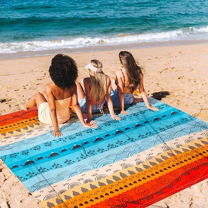BEW Beach Blanket Waterproof Sandproof, Outdoor Picnic Blankets Sand Free for 4 Adults, Lightweight Quick Drying Beach Mat for Beach Travel, Camping, Hiking, Boho Beach Essentials Accessories