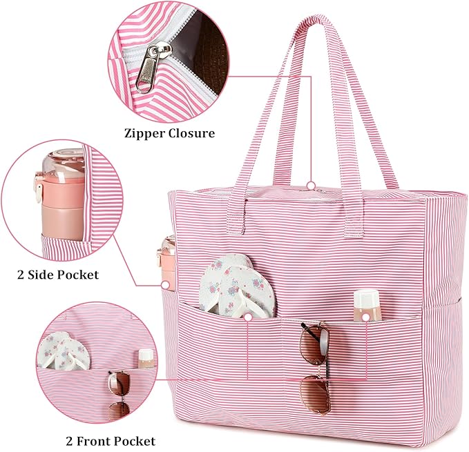 LEDAOU Large Beach Bag Women Waterproof Sandproof Zipper Beach Tote Pool Bag for Swim Gym Grocery Travel with Wet Pocket | Waterproof, Sandproof, Zipper, Pool, Gym, Grocery