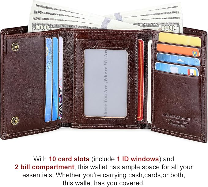 Trifold Mens Wallet with Chain, Genuine Leather Wallet RFID Blocking Anti-Theft Chain for Biker