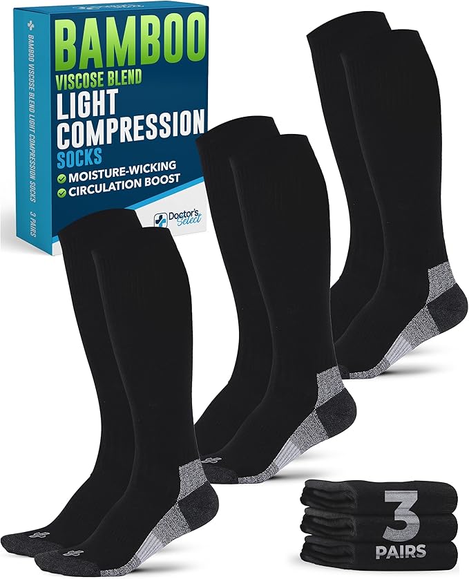 Doctor's Select Bamboo Viscose Light Compression Socks for Women & Men - 3 Pairs, 8-15 mmHg Compression Socks, Knee High