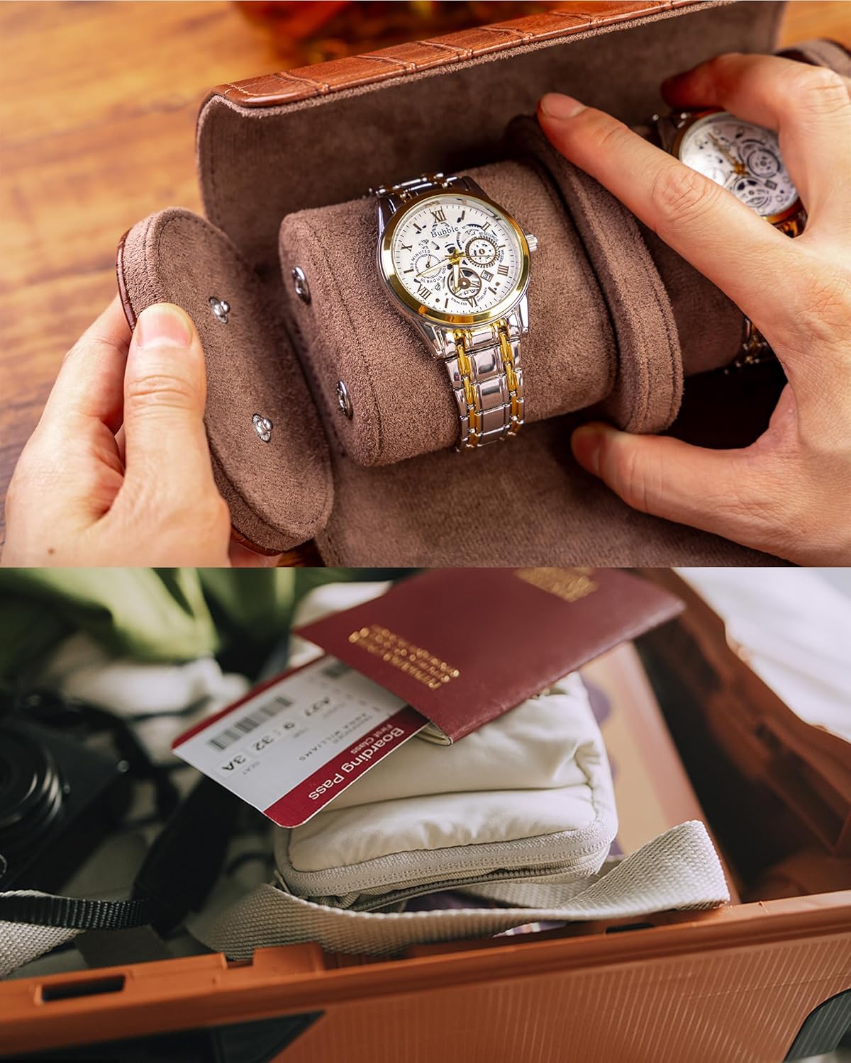 MR.OKAY 2 Watch Travel Case- Classic Leather Watch Case With Superb Texture.(Portable Watch Roll Or Organizer For Storage And Display).Festival Gift For Men ndcrafted By Artisans.