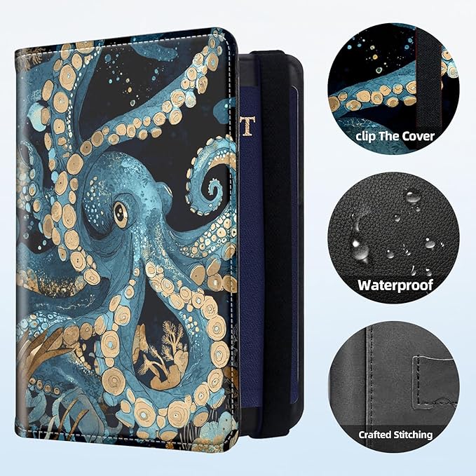 RFID Security Premium Passport and Travel Document Holder Combo, Slim PU Leather Folio Wallet with 3 Card Slots & Boarding Pass Pocket, Secure Elastic Closure Organizer, Blue Octopus
