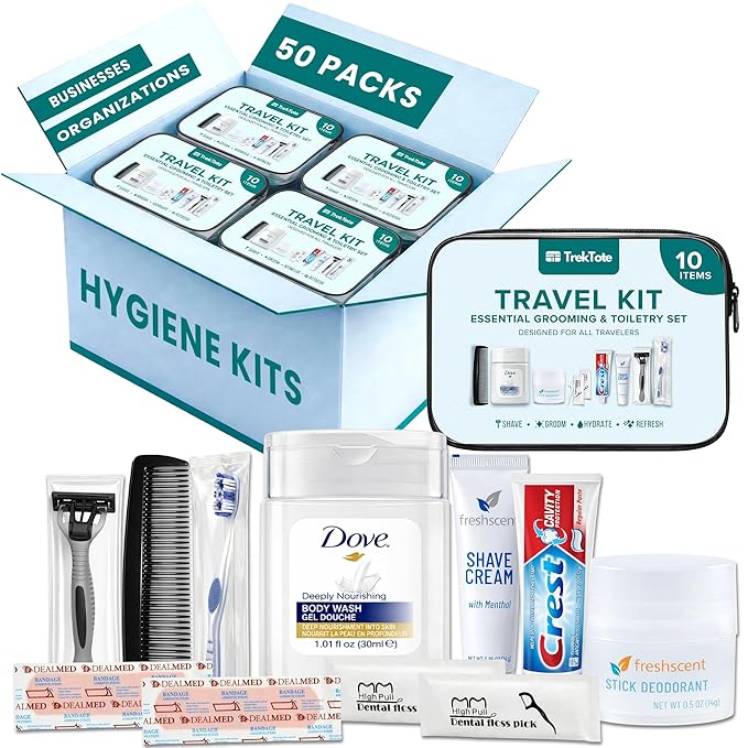 Trektote 10 Piece Travel Hygiene Kit with Toiletries & Dental Essentials, TSA-Compliant, Clear Cosmetic Bag, Single or Bulk Packs