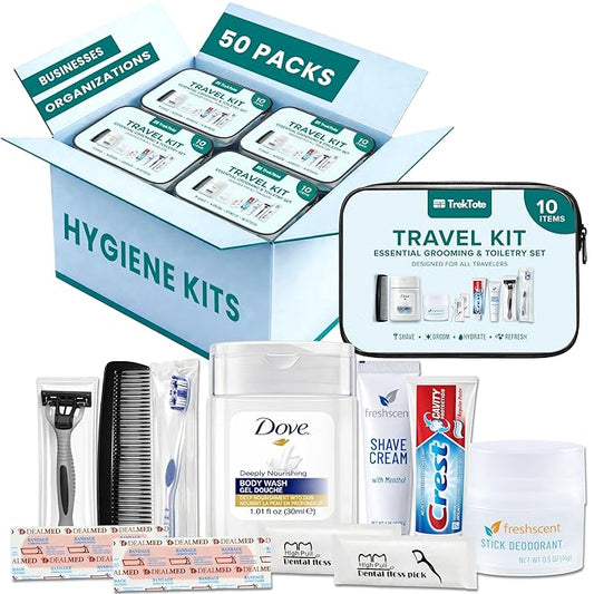 Trektote 10 Piece Travel Hygiene Kit with Toiletries & Dental Essentials, TSA-Compliant, Clear Cosmetic Bag, Single or Bulk Packs
