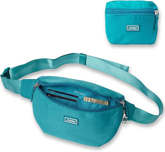 The Foldie Foldable Crossbody Bags for Women & Men - Anti-Theft RFID-Safe Fanny Pack with Smart Lockable Zippers and Cut-Resistant Strap - Lightweight Waist Pack for Travel & Everyday Use - Teal